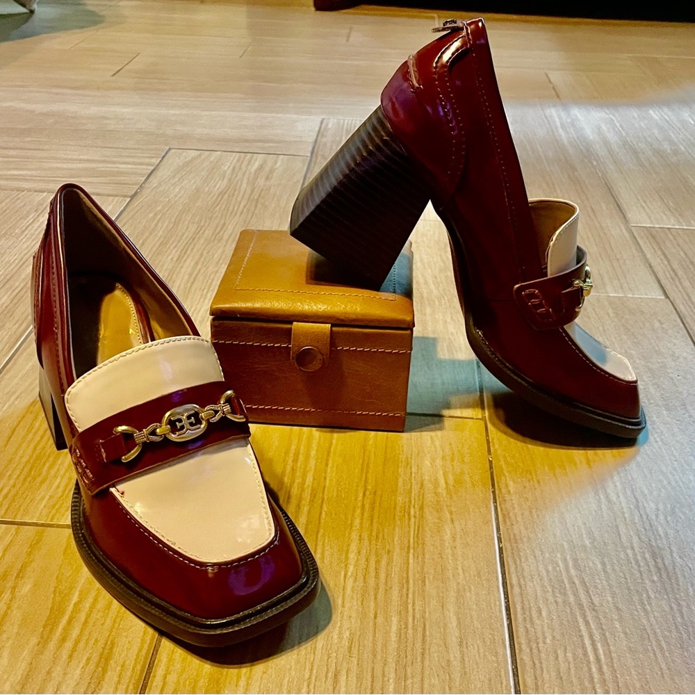 Sam Edelman Quincy Two Toned Wine and Cream block heel loafers with gold accents